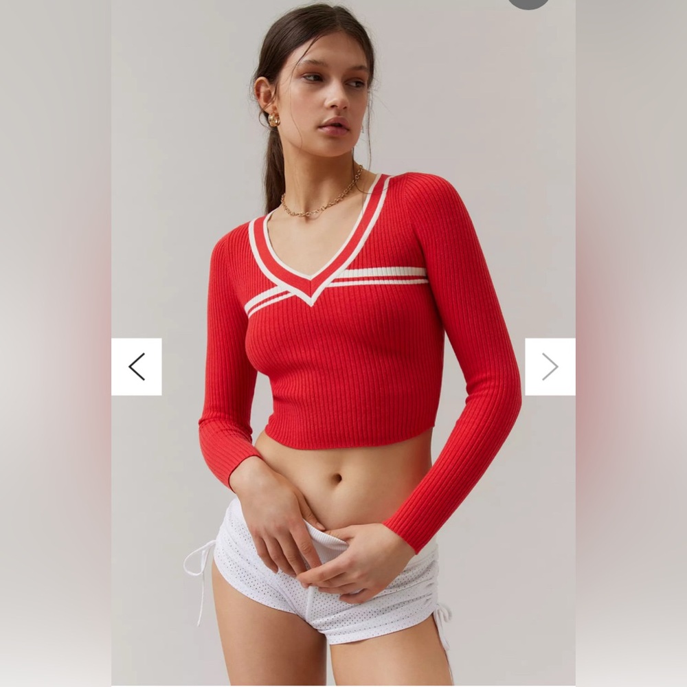New Urban Outfitters Addison V-Neck Ribbed Sweater- Red